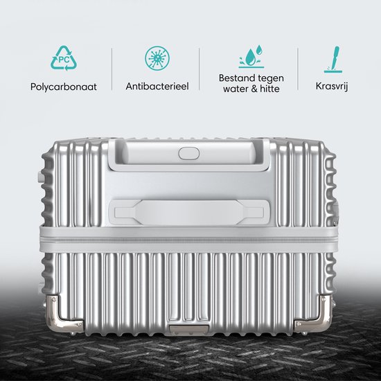 Bovenkant van een zilverkleurige koffer van Voyagoux met iconen voor polycarbonaat, antibacterieel, water- & hittebestendig en krasvrij.
