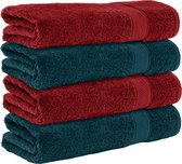 Komfortec Handdoekenset 4x Badhanddoek 70x140 cm - 100% Katoen - Petroleumblauw&Rood