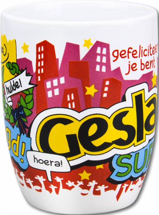 Geslaagd - Mok - Snoep - Geslaagd! - Super - Cartoon - In cadeauverpakking met gekleurd lint