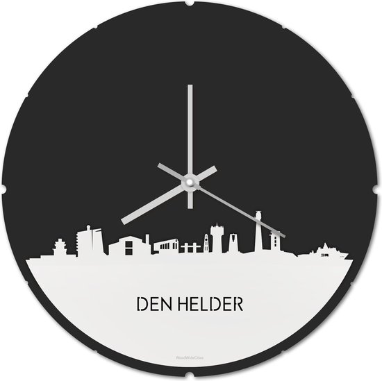 Skyline Klok Rond Den Helder Wit Glanzend - Ø 44 cm - Stil uurwerk - Wanddecoratie - Meer steden beschikbaar - Woonkamer idee - Woondecoratie - City Art - Steden kunst - Cadeau voor hem - Cadeau voor haar - Jubileum - Trouwerij - Housewarming -