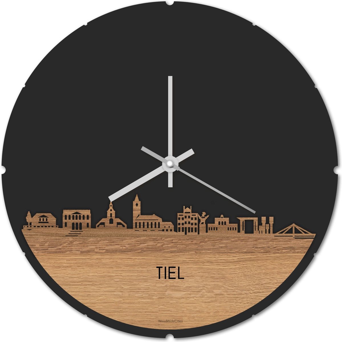 Skyline Klok Rond Tiel Eikenhout - Ø 44 cm - Stil uurwerk - Wanddecoratie - Meer steden beschikbaar - Woonkamer idee - Woondecoratie - City Art - Steden kunst - Cadeau voor hem - Cadeau voor haar - Jubileum - Trouwerij - Housewarming - WoodWideCities