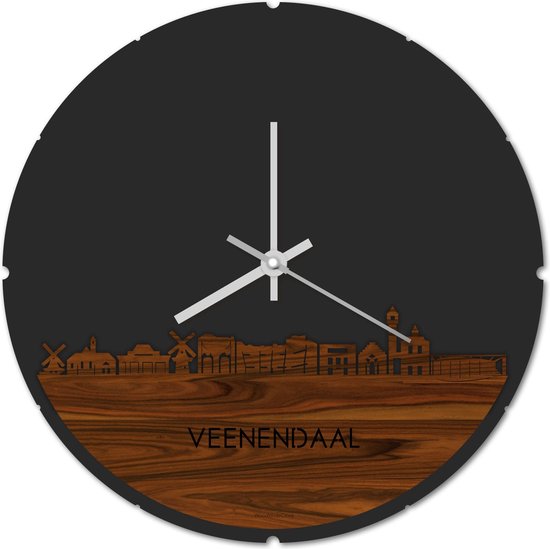 Skyline Klok Rond Veenendaal Palissander hout - Ø 44 cm - Stil uurwerk - Wanddecoratie - Meer steden beschikbaar - Woonkamer idee - Woondecoratie - City Art - Steden kunst - Cadeau voor hem - Cadeau voor haar - Jubileum - Trouwerij - Housewarming -