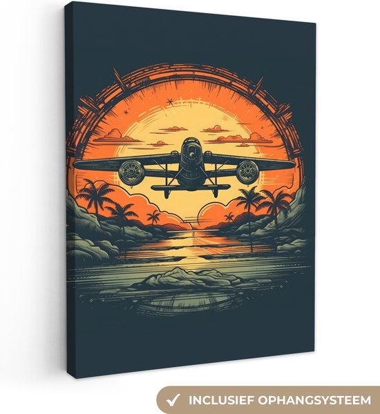 Canvas Schilderij Retro Vliegtuig Water Bomen Zon Vintage canvas-schilderij-retro-vliegtuig-water-bomen-zon-vintage