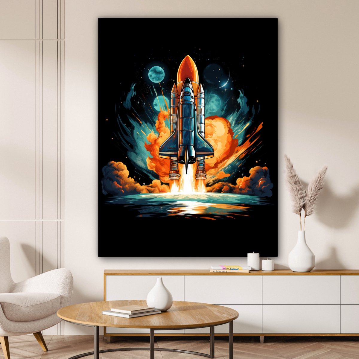 Tableau Toile Décorative Fusée Spatiale - 50x70 Cm - Multicolore - Idéal Déco Murale Moderne
