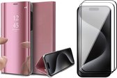 Hoesje geschikt voor iPhone 15 Pro - 2x Screen Protector FullGuard - Book Case Spiegel Roségoud & Screenprotector
