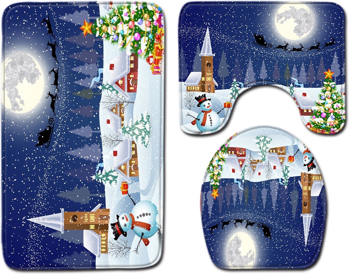Badkamerset, 3-delige kerstbadkamerkleden, antislip flanellen vloerkleden met U-profiel voor badkamer, bad, douche, toilet