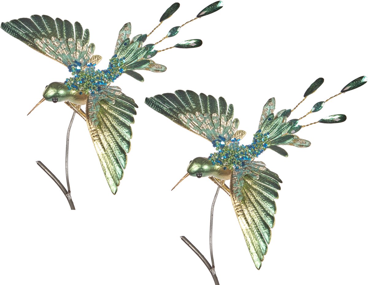 Viv! Christmas Kerstdecoratie vogel - Kolibrie op clip - 2 stuks - groen - 20cm