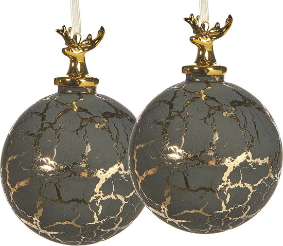 Viv! Christmas Kerstbal - Hert - set van 2 - glas - zwart met gouden marmerlook - 13,5cm