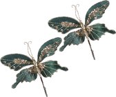 Viv! Christmas Kerstdecoratie - Vlinder op clip - 2 stuks - groen - 20cm