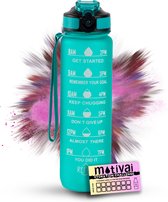 Gourde de motivation - Motivai® - Turquoise - Avec bouchon Extra offert - Gourde de 1 litre - Gourde avec paille - Gourde avec marqueur de temps - Sans BPA - Adultes - Enfants - Avec Motivai® Hydration Challenge