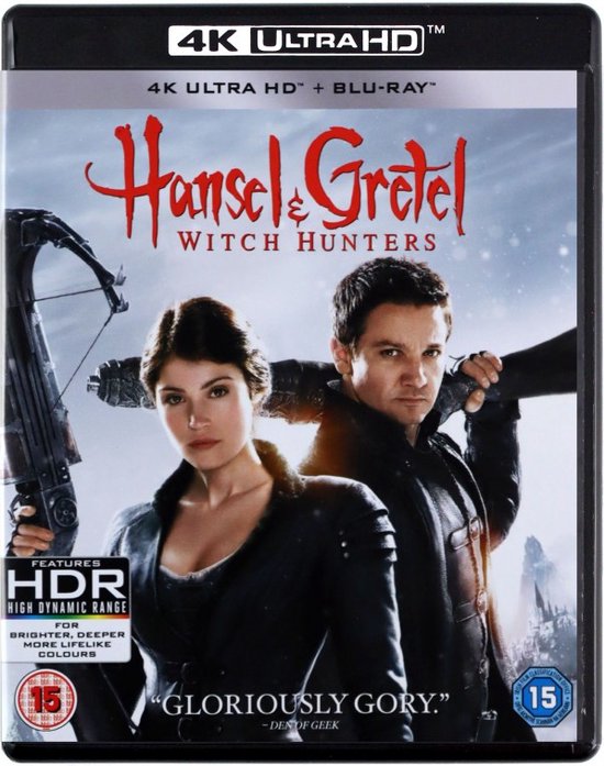 De voorkant van de "Hansel & Gretel: Witch Hunters" Blu-ray hoes. Met Jeremy Renner en Gemma Arterton, die wapens dragen.