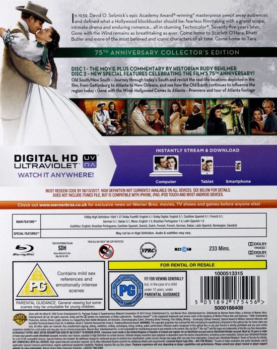 Achterkant Blu-ray hoes "Gone With The Wind" met speficaties en informatie.