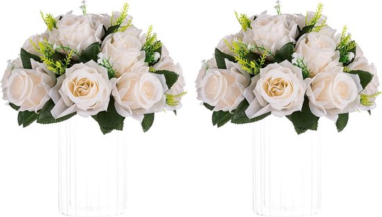 Bloembalarrangement Boeket: 2 stuks kunstbloemen centerpieces rozen 24 cm diameter - crème witte nep-rozenboeketten voor bruiloft kerstfeest tafeldecoraties