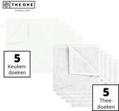 The One Towelling Keukentextiel set - 50 x 50 cm / 50 x 70 cm - 10 Delig - 5 Handdoeken & 5 Theedoeken - Voordeelverpakking - Katoen - Wit