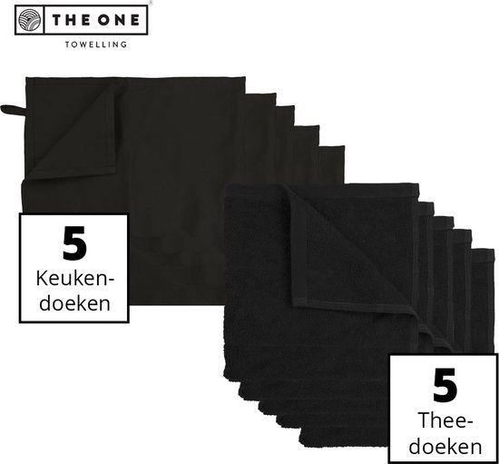 The One Towelling Keukentextiel set - 50 x 50 cm / 50 x 70 cm - 10 Delig - 5 Handdoeken & 5 Theedoeken - Voordeelverpakking - Katoen - Zwart