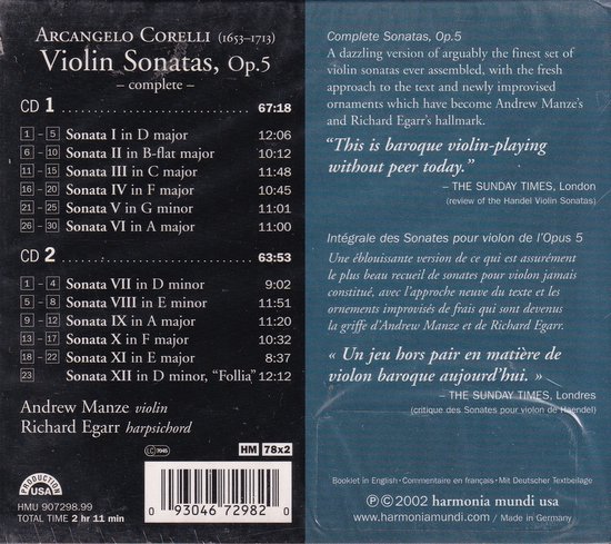 Albumhoes met tekst: Arcangelo Corelli, Violin Sonatas, Op.5. Andrew Manze viool, Richard Egarr klavecimbel.