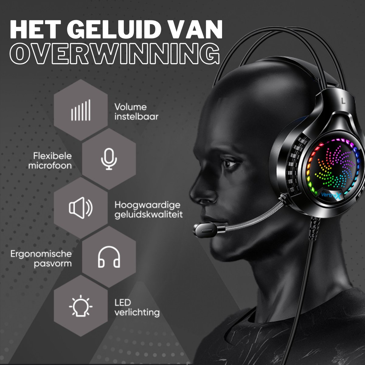 VERTREX Gaming Headset met Microfoon - Hoofdtelefoon - Headsets PC, PS5, PS4, Xbox, Nintendo Switch - 7.1 Surround Sound thumbnail 3