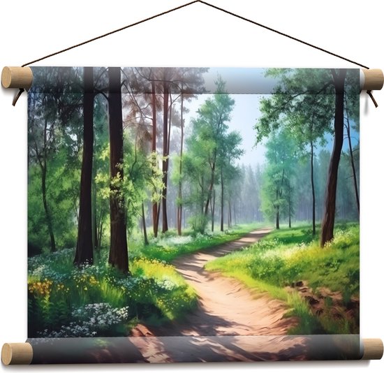 Textielposter - Bomen - Bos - Pad - Bloemen - Gras - Zand - 40x30 cm Foto op Textiel