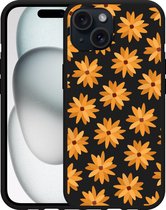 Cazy Hoesje Zwart geschikt voor iphone 15 Oranje Bloemen