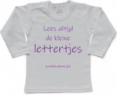 Shirt Aankondiging zwangerschap "Lees altijd de kleine lettertjes (ik word grote zus)" | lange mouw | Wit/paars | maat 92 zwangerschap aankondiging bekendmaking Baby big bro Sis Sister