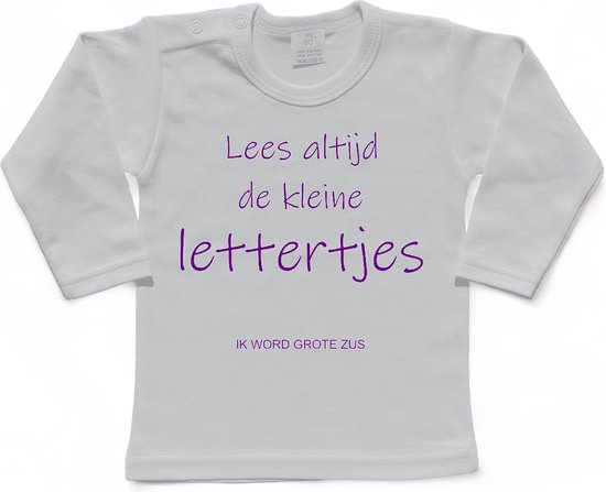 Shirt Aankondiging zwangerschap "Lees altijd de kleine lettertjes (ik word grote zus)" | lange mouw | Wit/paars | maat 92 zwangerschap aankondiging bekendmaking Baby big bro Sis Sister