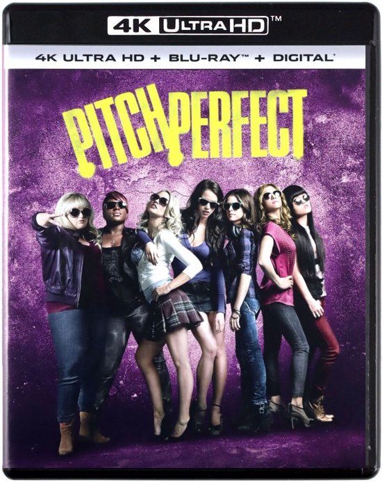 De cast van 'Pitch Perfect' met gele tekst op een paarse, gescheurde achtergrond. Ze dragen zonnebrillen en poseren.