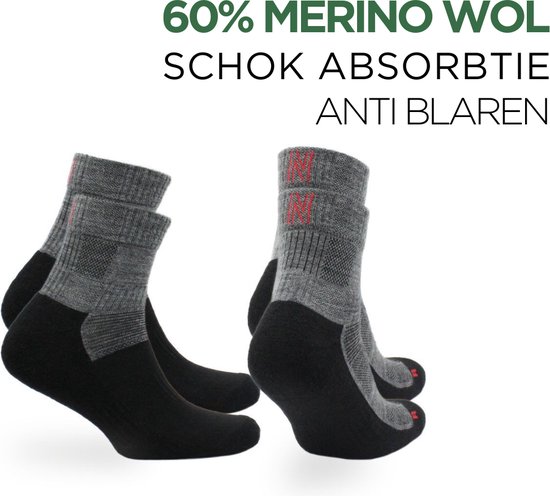 Norfolk - Wandelsokken - 2 paar - Anti Blaren Merino wol sokken met demping - Snelle Vochtopname - Wollen Sokken - Leonardo QTR - Grijs - 43-46