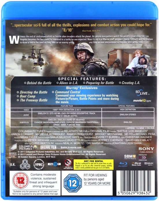 De achterkant van de Blu-ray hoes van Battle: Los Angeles. Toont een soldaat met een helm, met op de achtergrond een stad in puin en helikopters.