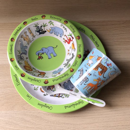 Jungle dieren kinder servies set melamine (bord + kom + bekertje + lepel) - Tyrrell Katz