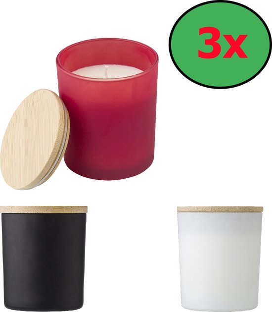 Set van 3 Geurkaarsen in herbruikbaar glas met Bamboe deksel Rood ( Kaneel aroma), Zwart ( Sandelhout ), Wit ( Vanille aroma )