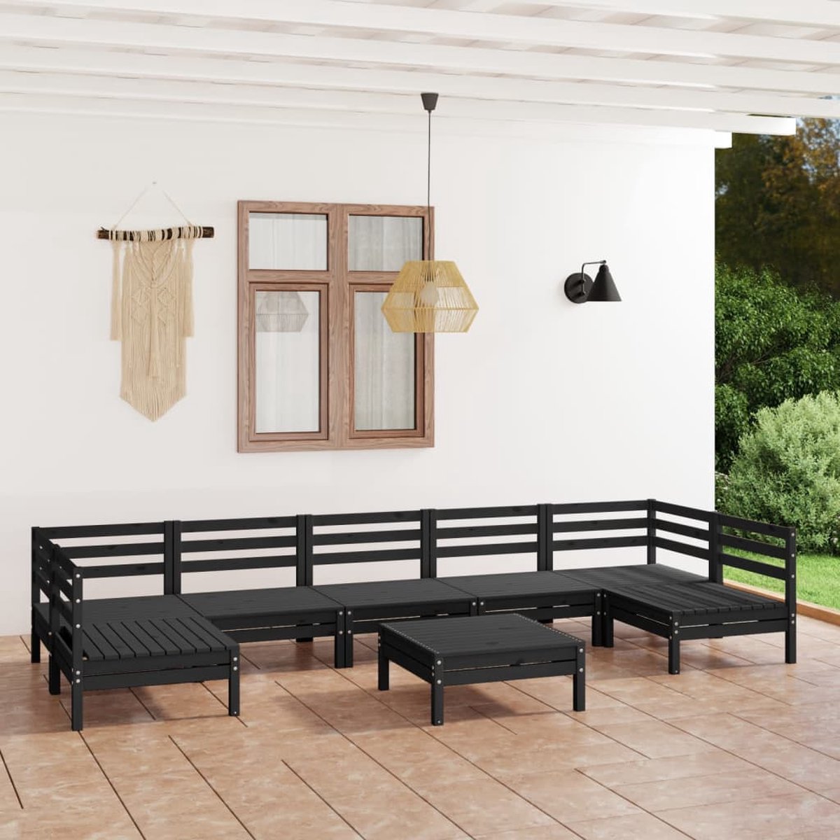 Zwarte loungeset van massief grenenhout voor tuin, 8-delige set.
