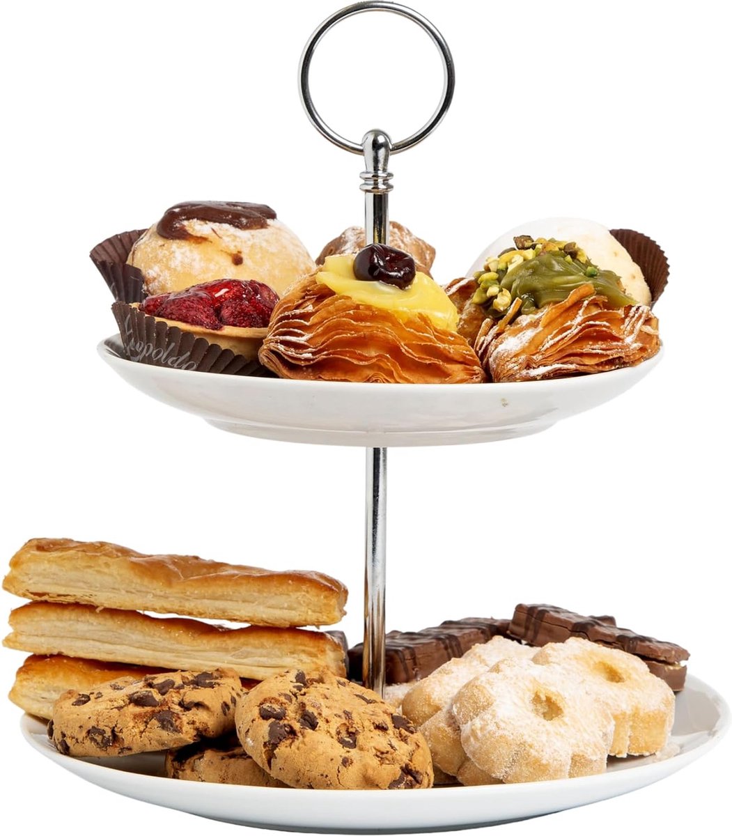 Keramische taartstandaard met 2 niveaus - Een veelzijdige taartstandaard voor taarten, snoepjes en cupcakes. Ideaal voor verjaardagsfeestjes en bruiloften. Duurzaam en herbruikbaar