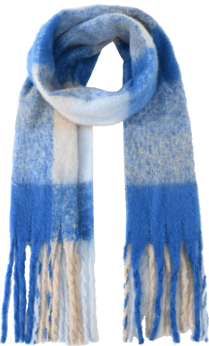 Nouka Blauwe & Witte Dames Sjaal – met Geruit patroon - Dikke & Warme Sjaal – Sjaal met Franjes - Herfst / Winter – 35 x 180 cm