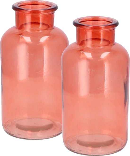 DK Design Bloemenvaas/siervaas melkbus fles model - 2x - helder gekleurd glas - koraalroze - D10 x H20 cm