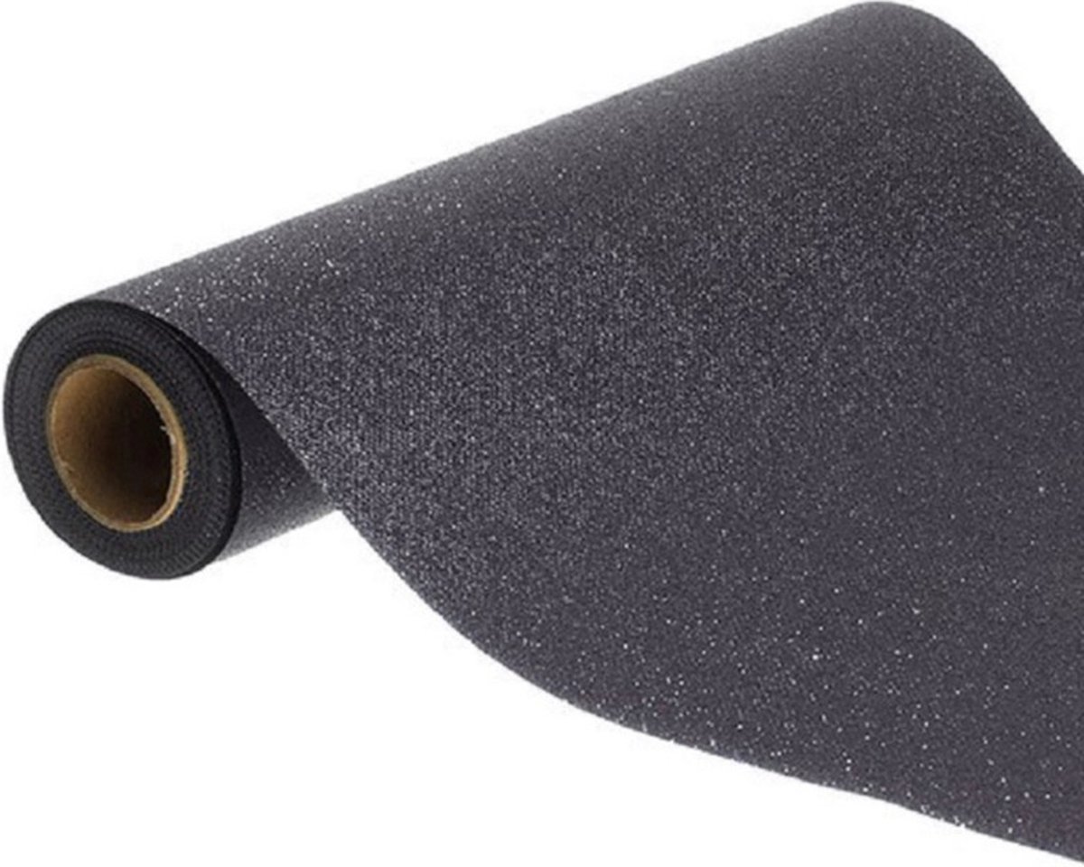 Chaks Tafelloper op rol - zwarte glitter - 30 x 500 cm - polyester - feest tafelkleden