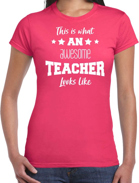 Bellatio Decorations cadeau t-shirt voor dames - awesome teacher - docent/lerares bedankje - roze XS