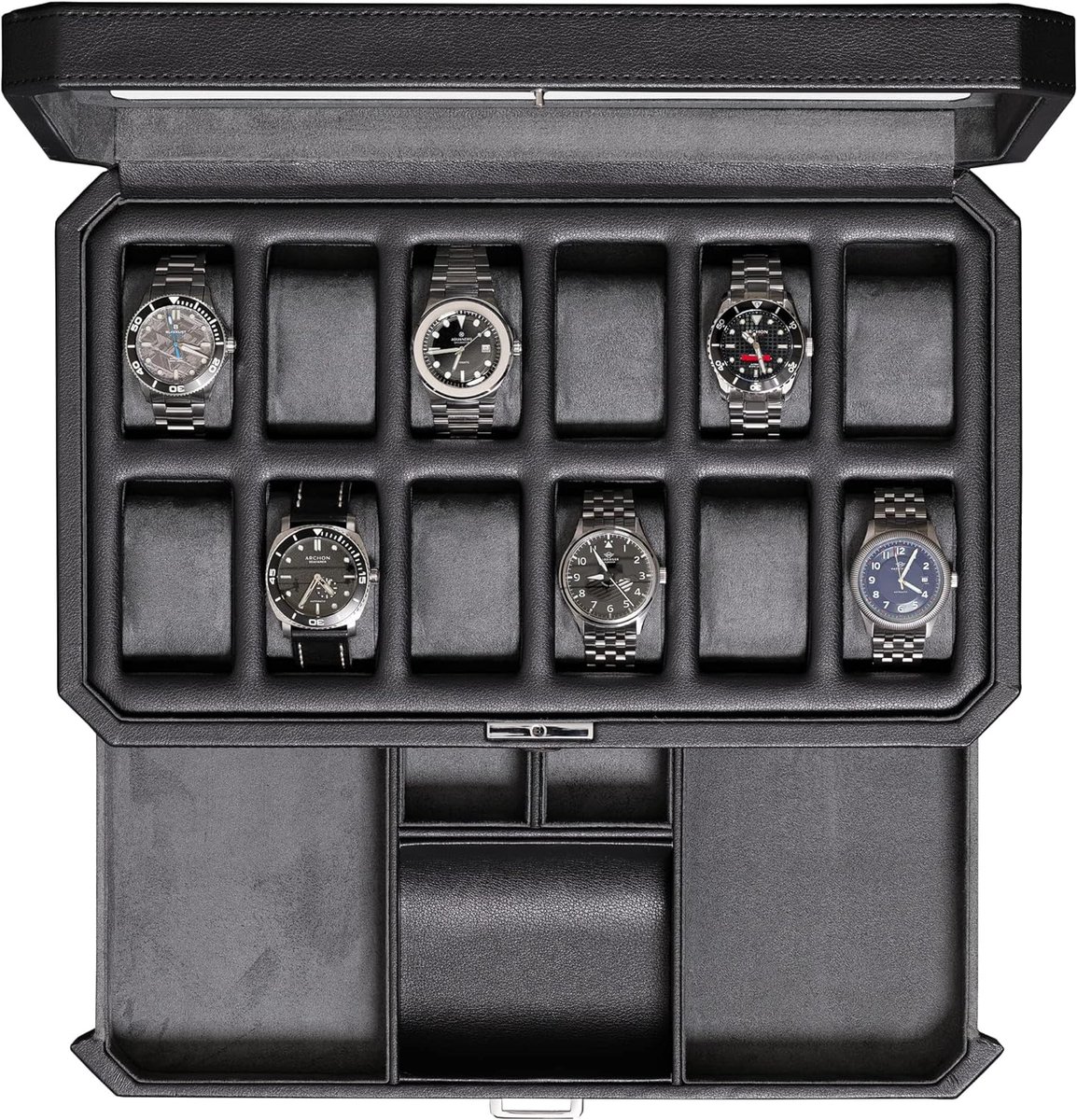 Horlogedoos met valetlade voor mannen - Horlogebox heren - luxe horlogedoos met 12 vakken - displayorganisator - microsuède voering - vergrendeling - juwelenopbergdoos - Sieradendoos - groot - glazen bovenkant (zwart-grijs)