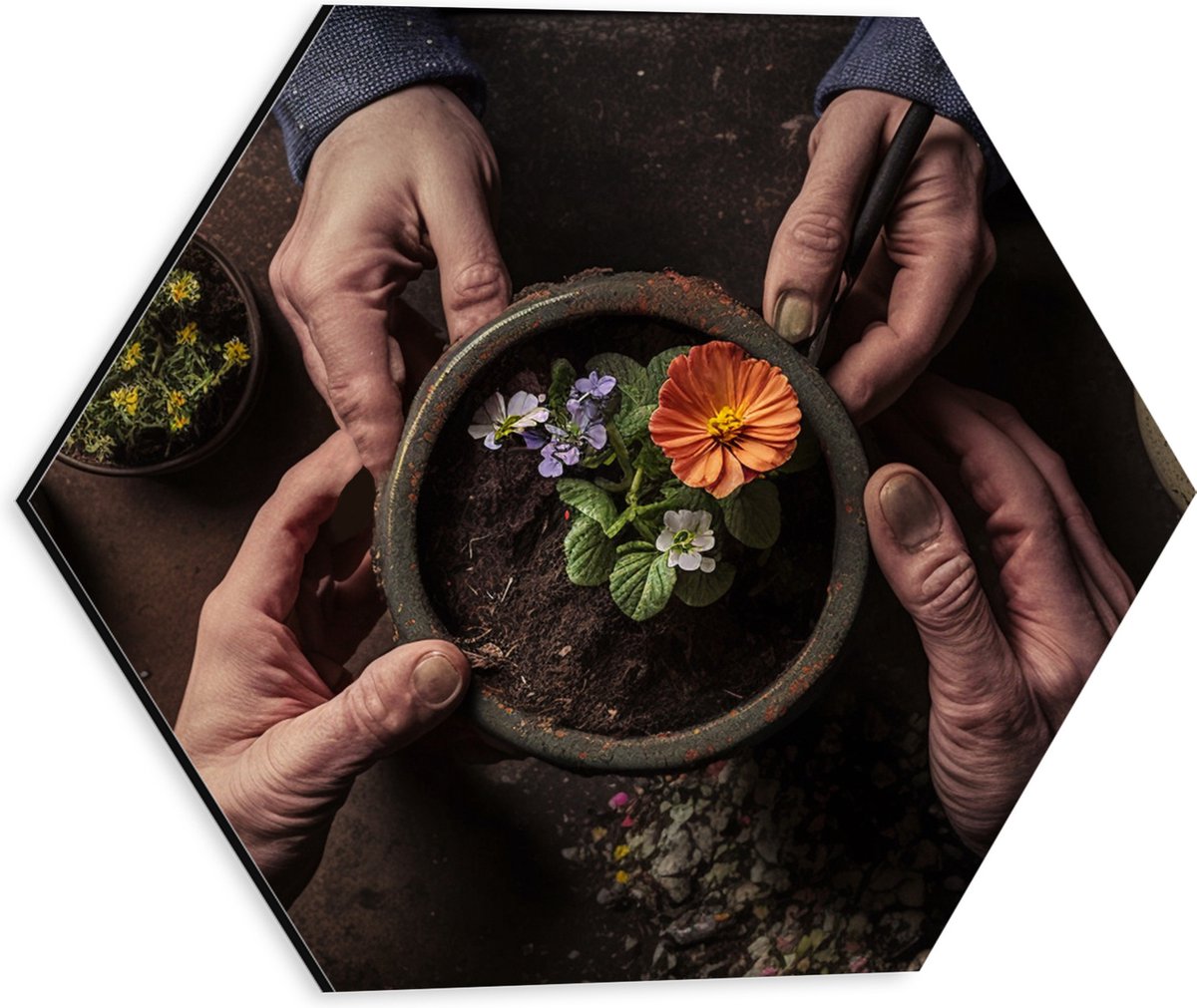 Dibond Hexagon - Bloemen - Bloempot - Potgrond - Handen - 30x26.1 cm Foto op Hexagon (Met Ophangsysteem)
