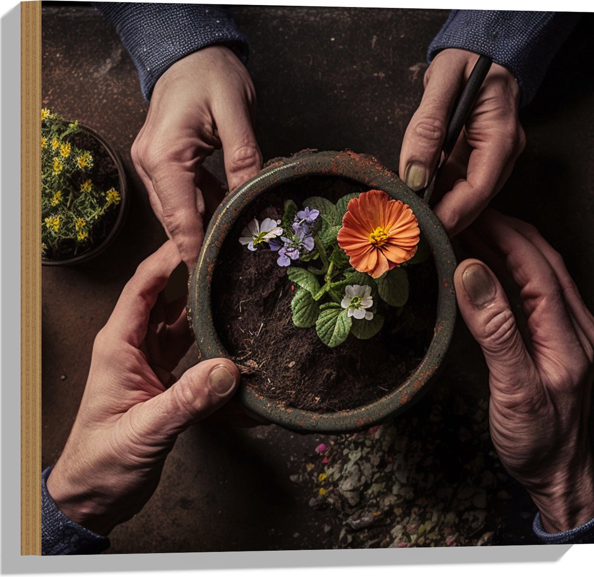 Hout - Bloemen - Bloempot - Potgrond - Handen - 50x50 cm - 9 mm dik - Foto op Hout (Met Ophangsysteem)