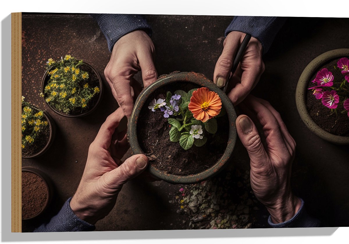 Hout - Bloemen - Bloempot - Potgrond - Handen - 60x40 cm - 9 mm dik - Foto op Hout (Met Ophangsysteem)