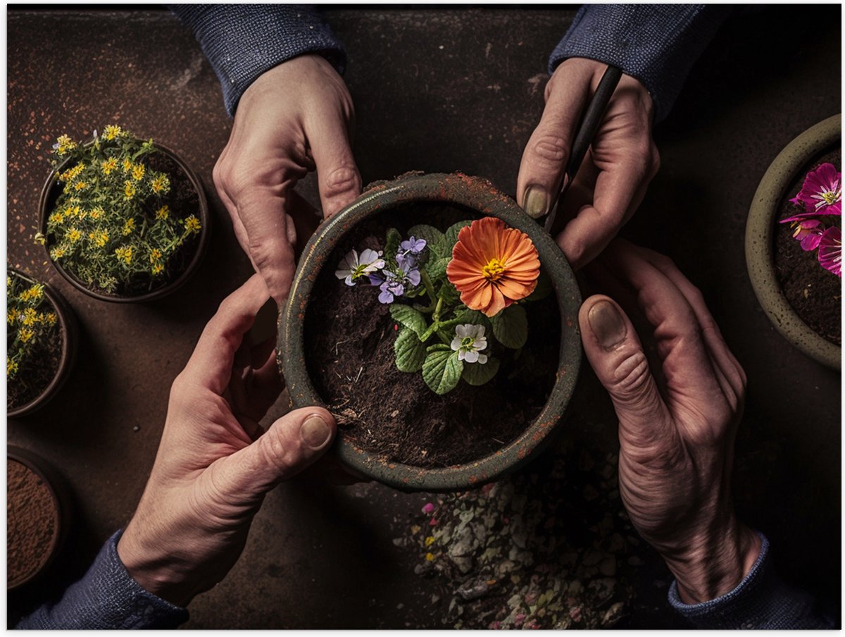 Poster (Mat) - Bloemen - Bloempot - Potgrond - Handen - 40x30 cm Foto op Posterpapier met een Matte look