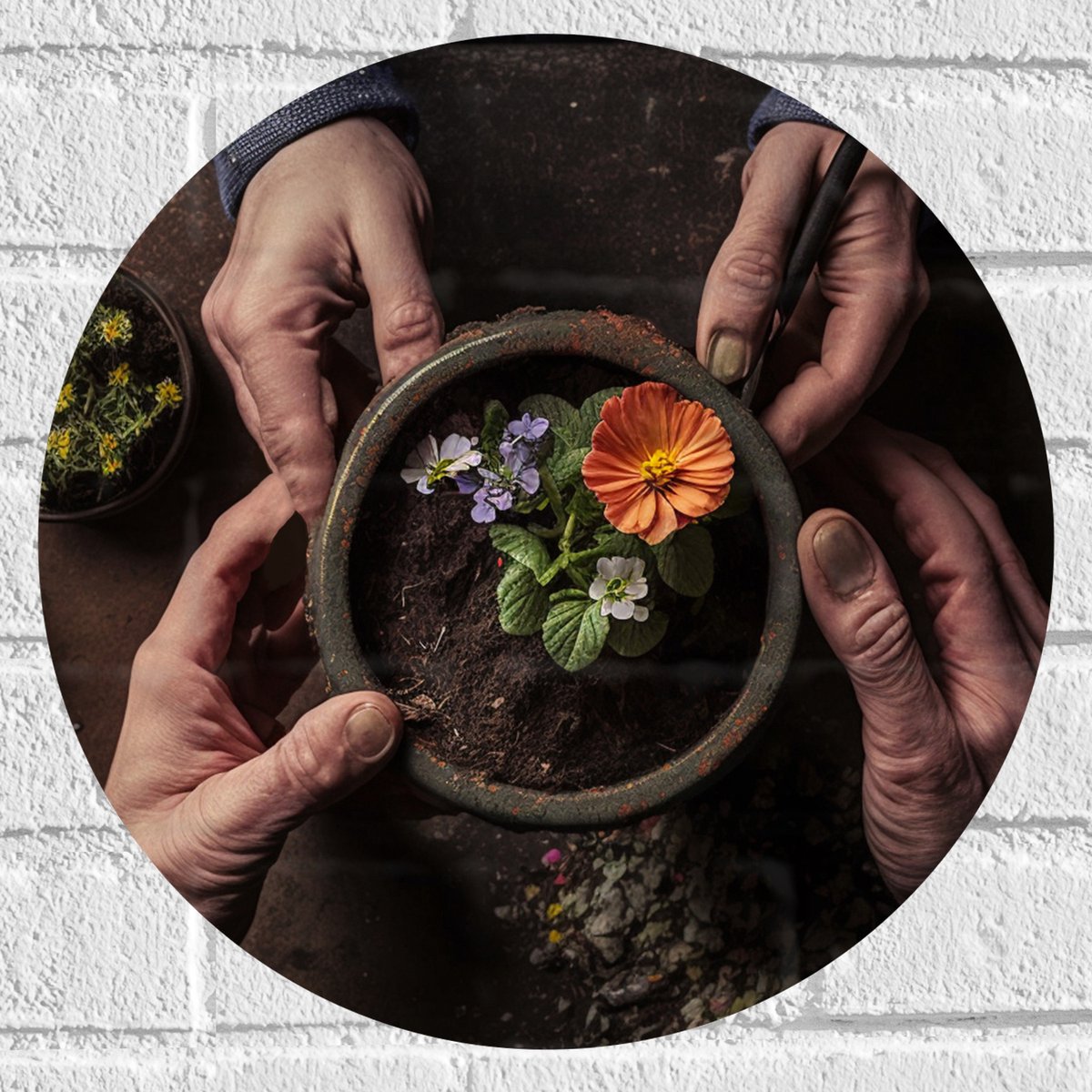 Muursticker Cirkel - Bloemen - Bloempot - Potgrond - Handen - 40x40 cm Foto op Muursticker