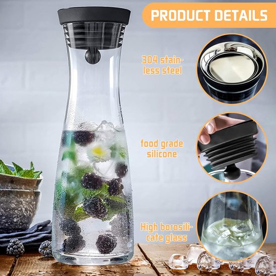 Récipient Boisson Thé Café Carafe Verre AMAYGA 1200ml - Couvercle Silicone - Borosilicate - Transparent Noir Pichet Eau Verre 1200 Ml Couvercle Silicone