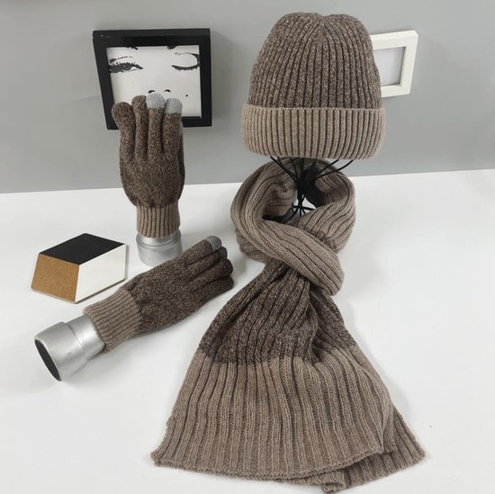 Ensemble d'hiver tricoté pour homme, écharpe, bonnet, gants - Marron