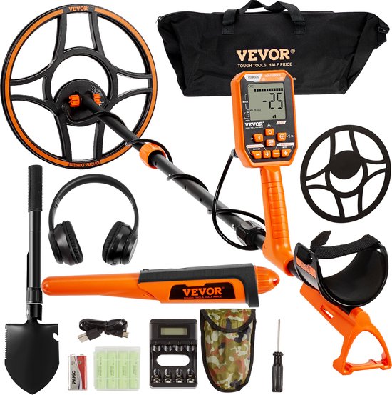 VEVOR Détecteur de métaux professionnel avec 7 modes - Étanche IP68 - Hauteur réglable - Bobine Deeper de 30 cm - Comprend un casque Bluetooth+ une pelle à creuser + un localisateur de précision et un sac à main - Convient aux Adultes