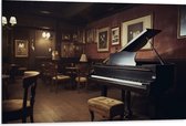Dibond - Cafe - Tafels - Stoelen - Hout - Piano - Muziek - 105x70 cm Foto op Aluminium (Wanddecoratie van metaal)