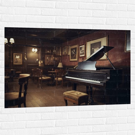 Muursticker - Cafe - Tafels - Stoelen - Hout - Piano - Muziek - 120x80 cm Foto op Muursticker