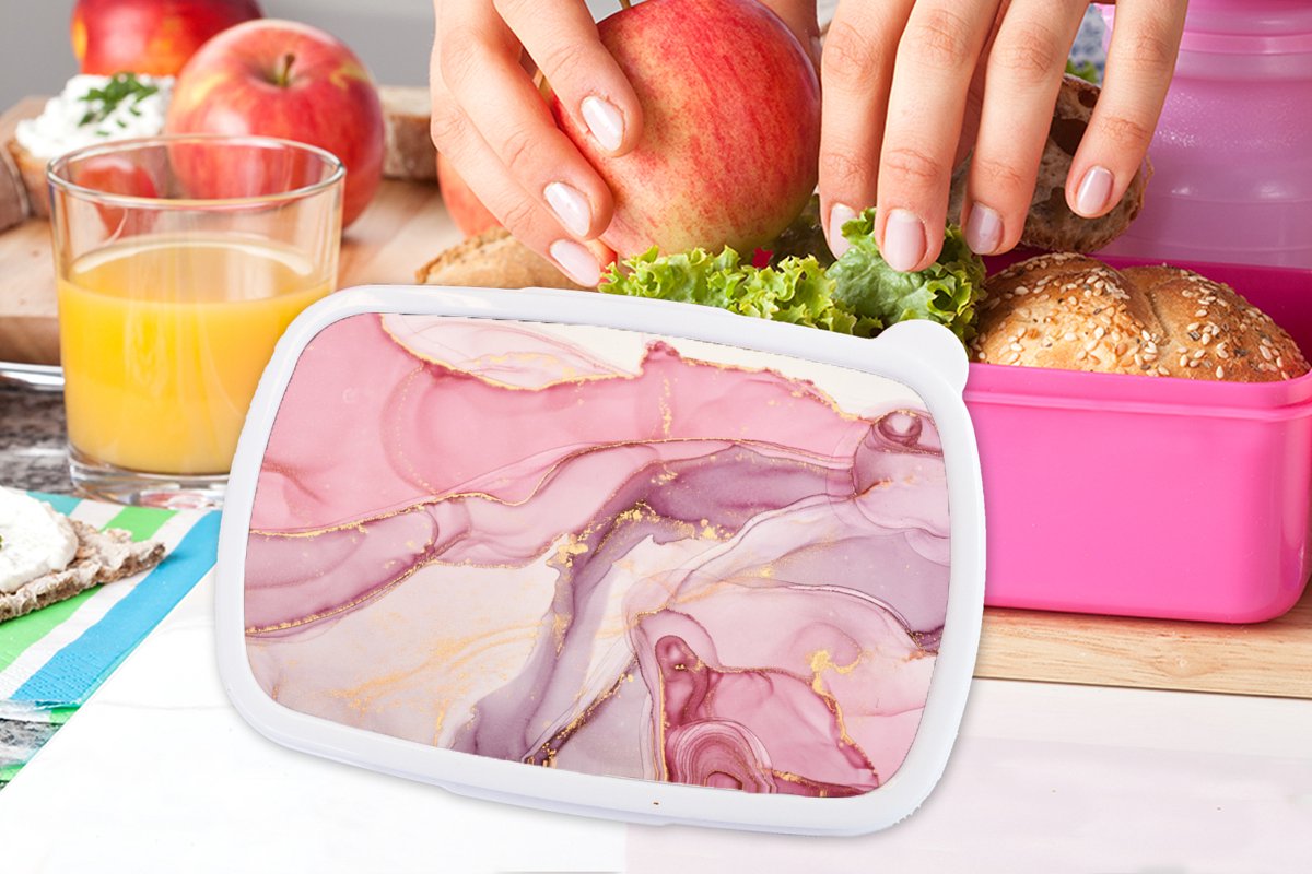Broodtrommel Roze - Lunchbox - Brooddoos - Goud - Marmer - Roze - 18x12x6 cm - Kinderen - Meisje