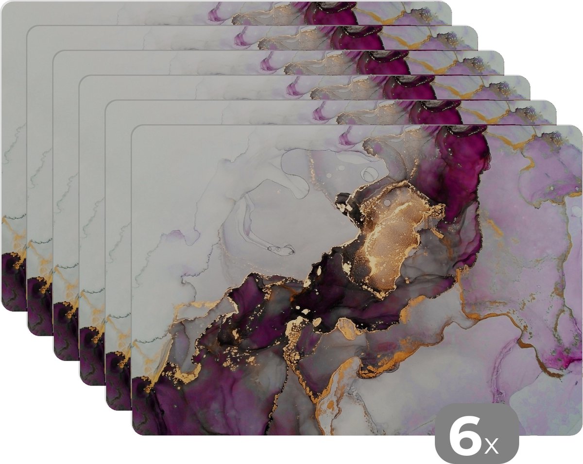 Placemats - Marmer - Goud - Paars - Chiq - Onderleggers placemat - 45x30 cm - 6 stuks