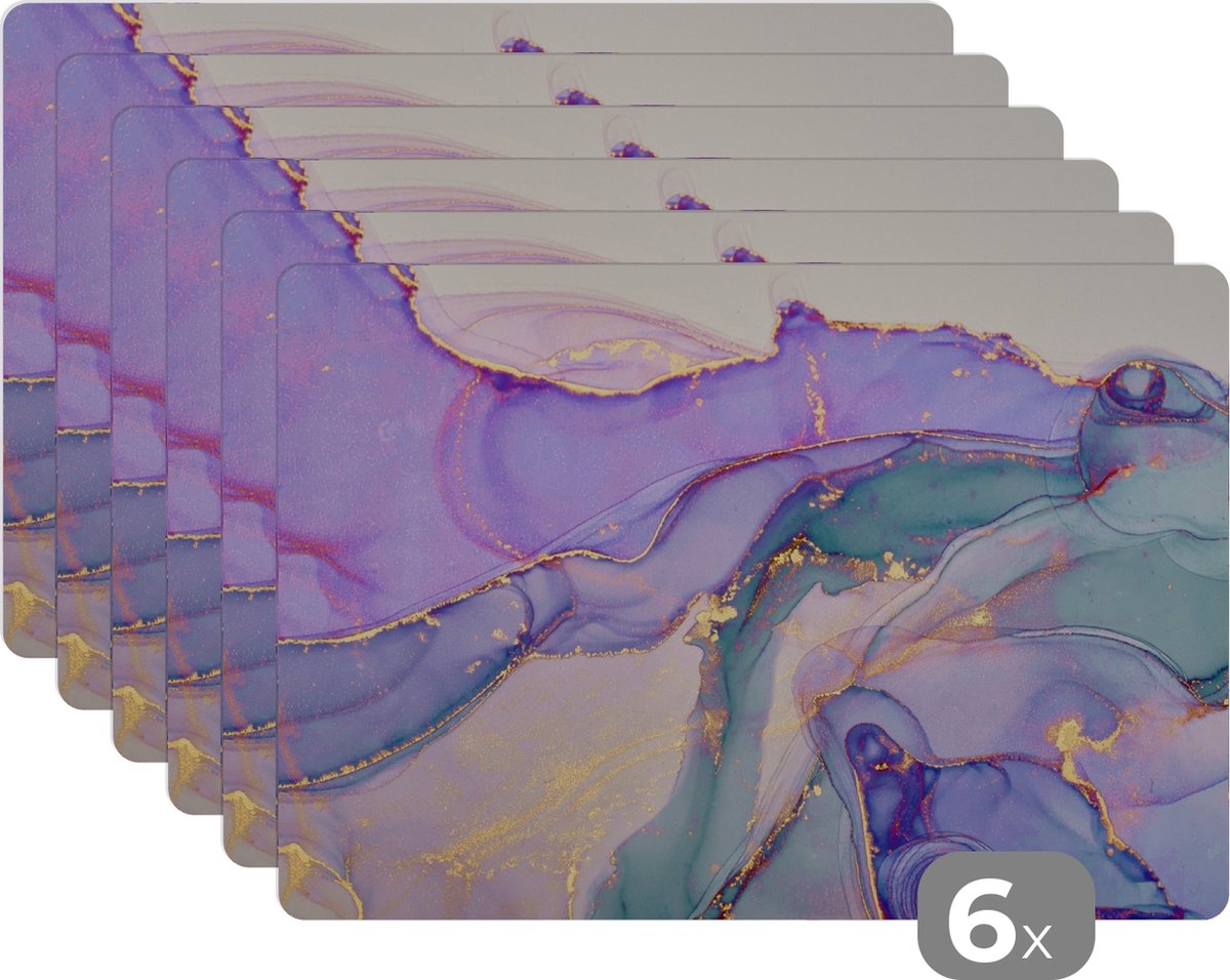 Placemats - Marmer - Paars - Goud - Onderleggers placemat - 45x30 cm - 6 stuks